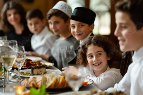 A Jewish family celebrates a Bar Mitzvah. Jews gather around the festive table to celebrate Hanukkah. a Jewish holiday  Jewish traditions