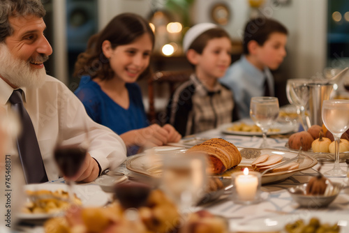 A Jewish family celebrates a Bar Mitzvah. Jews gather around the festive table to celebrate Hanukkah. a Jewish holiday, Jewish traditions