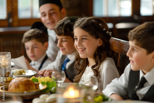 A Jewish family celebrates a Bar Mitzvah. Jews gather around the festive table to celebrate Hanukkah. a Jewish holiday  Jewish traditions