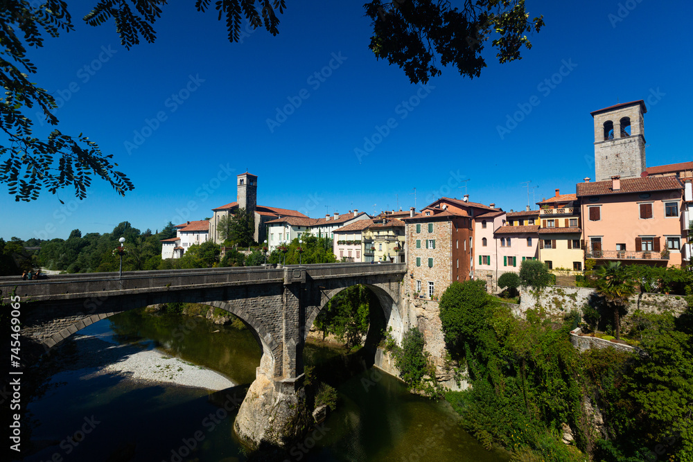 Cividale del Friuli and the Devils Bridge (Ponte del Diavolo) on the Natisone river. Italy