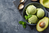 Homemade Green Organic Avocado Ice Cream Ready to Eat. vegetarian ice cream. Healthy dessert. Keto diet.