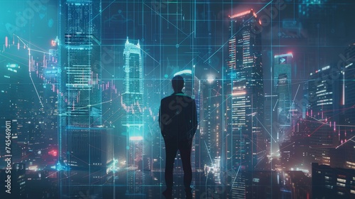 Businessman and city skyscrapers on background, graphs and candlesticks toned, network hologram. photo
