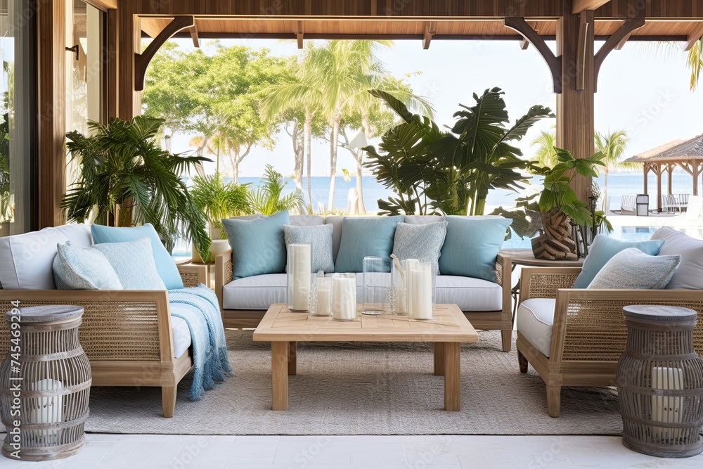 Fototapeta premium Waterfront Elegance: Tropical Resort Patio with Aqua Accents and Driftwood Decor