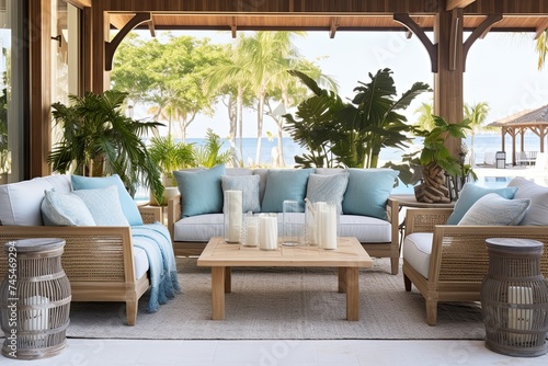 Waterfront Elegance: Tropical Resort Patio with Aqua Accents and Driftwood Decor © Michael