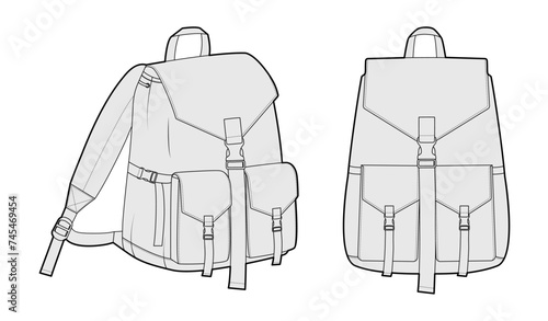 Clasp-fastening Front Flap backpack silhouette bag. Fashion accessory technical illustration. Vector schoolbag front 3-4 view for Men, women, unisex style, flat handbag CAD mockup sketch isolated
