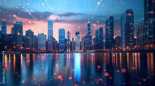 Multi exposure of virtual abstract financial graph interface on Chicago cityscape background, financial and trading concept