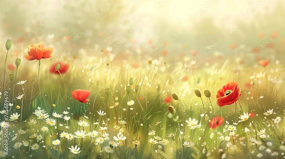 Obraz premium Summer natural meadow full of wildflowers and grasses in the summer sun on a beautiful sunny day., generative ai, generative, ai