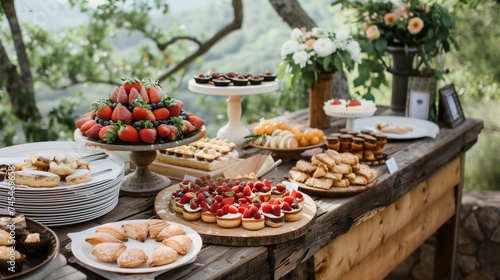 A variety of delectable desserts cover a wooden table  creating a tempting display of sweets  French inspiration. Table with desserts in the garden for a birthday  wedding  family party.