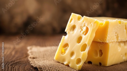 A wedge of Swiss cheese on a rustic background
