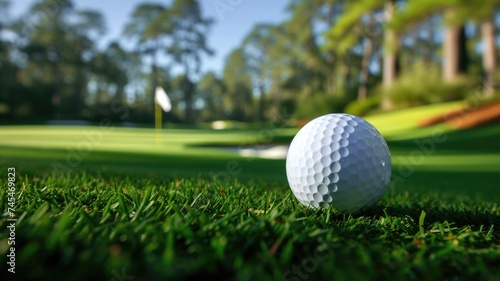 A golf ball on the green near the hole