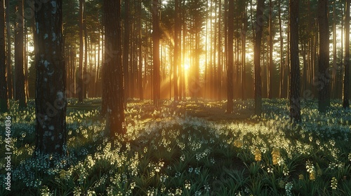 Sunset or dawn in a pine forest in spring or early summer. The sun among the trunks of pines, generative ai