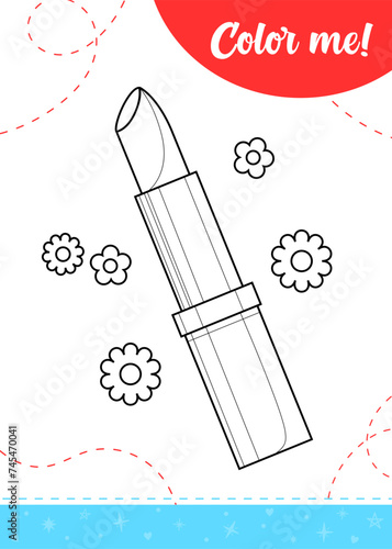 Coloring page for kids with girl's lipstick. 
A printable worksheet, vector illustration.