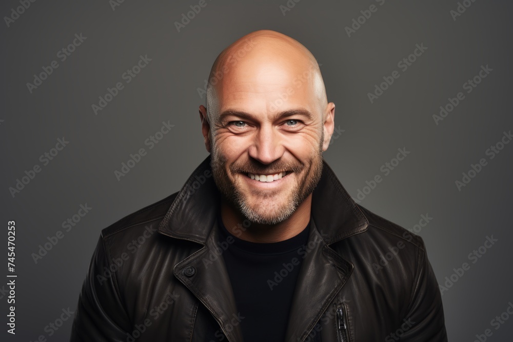 Portrait of a smiling bald man in a black leather jacket.
