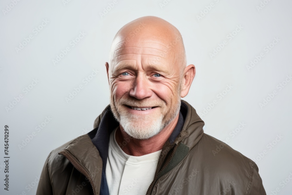 Portrait of a smiling senior man in a jacket on a gray background. Portrait of a smiling senior man in a jacket on a gray background.