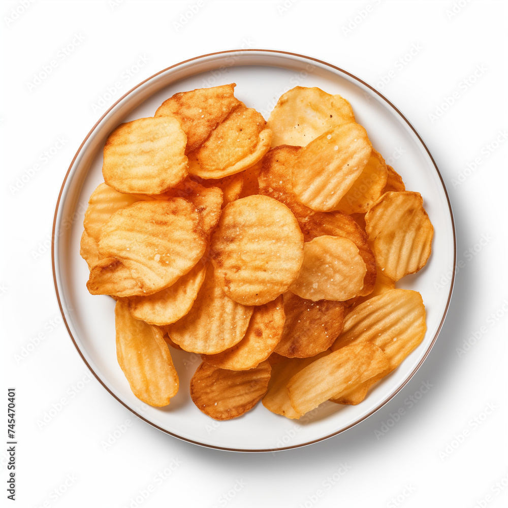 Crispy potato chips arranged neatly on a white plate, ready to be enjoyed as a snack or appetizer, white background, top view. Fast food concept. Crispy potato chips arranged neatly on a white plate, ready to be enjoyed as a snack or appetizer, white background, top view. Fast food concept.