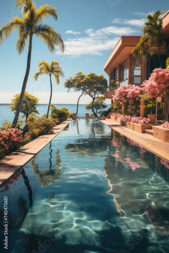 A large swimming pool glistens under the suns rays, nestled next to the vast expanse of the ocean. The tranquil scene invites relaxation and luxury © AI Exclusive 
