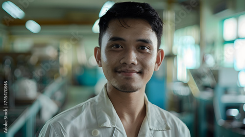 A portrait of a worker. The worker smiling and looking at the camera. The worker's uniform clean and pressed. © Nawarit