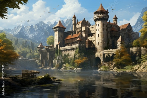 Fortified Medieval castle building. Forest old palace. Generate AI
