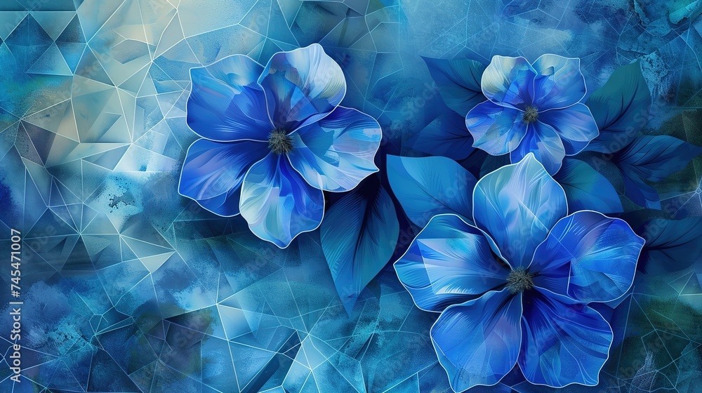 abstract blue flowers on geometric cell background, generative ai