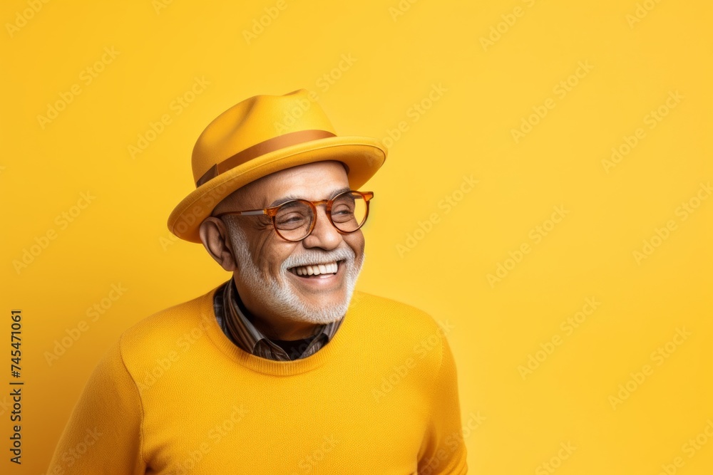 Portrait of happy senior man in yellow sweater and hat on yellow background Portrait of happy senior man in yellow sweater and hat on yellow background