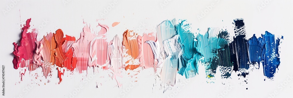 Strokes of multi-colored oil paint on a rough textured surface. Abstract background of colorful creative painting. Drips, dots and stains of paint applied with a palette knife. - obrazy, fototapety, plakaty 