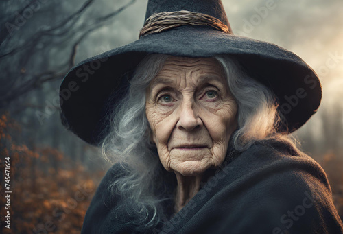 Senhora misteriosa com seu chapéu de bruxa na floresta photo