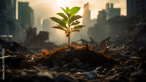 a plant being born in the middle of a destroyed city, environmental care concept, ecological concept photo
