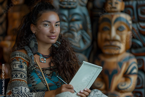 Woman Writer in Front of Maori Art Style Te Reo photo