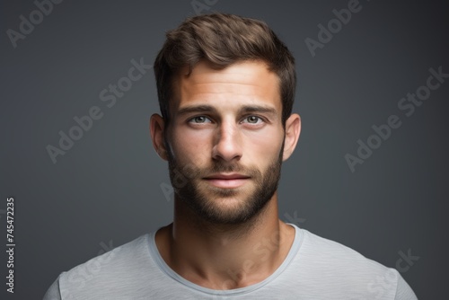 Handsome young man in grey t-shirt over grey background.