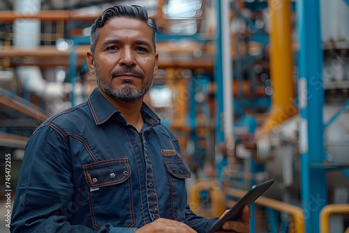 Industrial Man Using Tablet in Modern Factory with Mexican and American Cultures photo