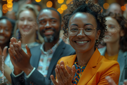 Happy Business Women Clapping at Afrofuturism-Inspired Conference © Ph2023AI