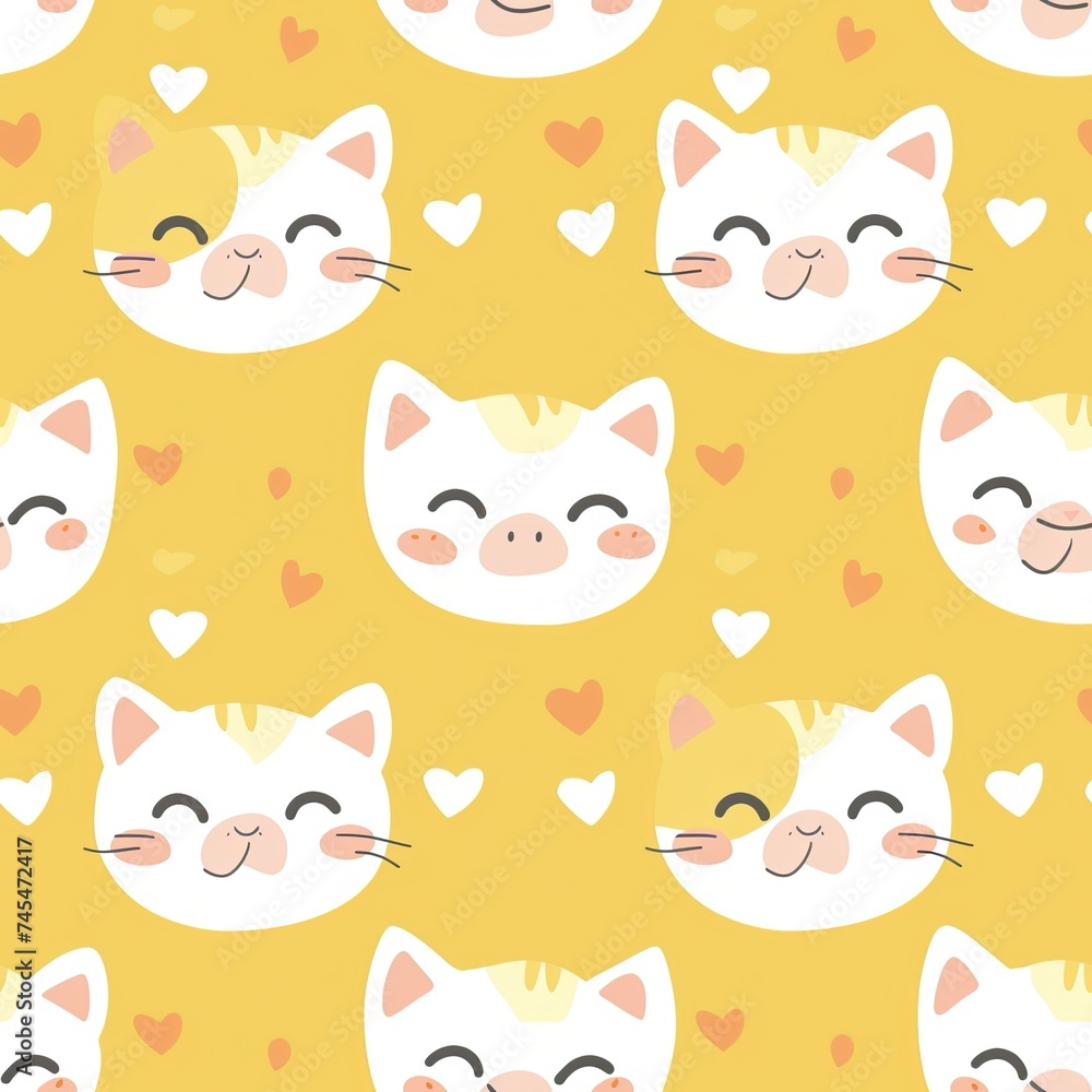 Seamless Tiled Pattern of Kids' Drawings: Cartoon Cat Heads, Love Hearts on Yellow Background Seamless Tiled Pattern of Kids' Drawings: Cartoon Cat Heads, Love Hearts on Yellow Background