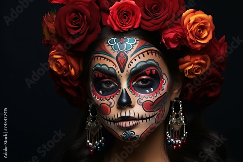 Somber Dead day woman mexican face. Hair model. Generate Ai photo