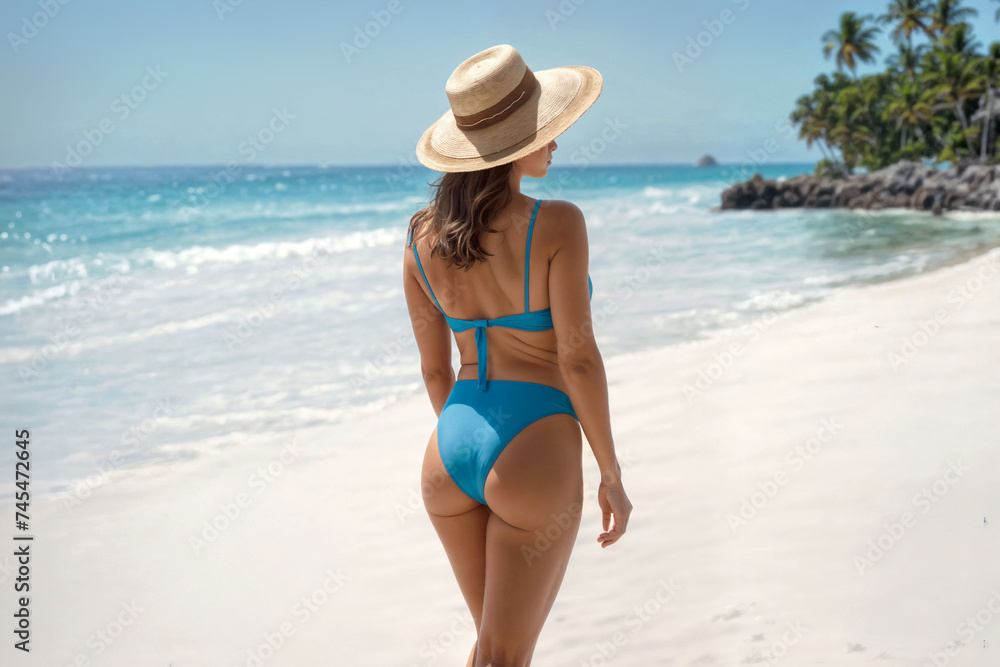 Back view of young woman in swimsuit and straw hat on tropical beach. A woman in a bikini stands on a beach. Back view of young woman in swimsuit and straw hat on tropical beach. A woman in a bikini stands on a beach.