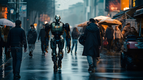 robots walking on the streets of a city, humans and robots coexist on the streets