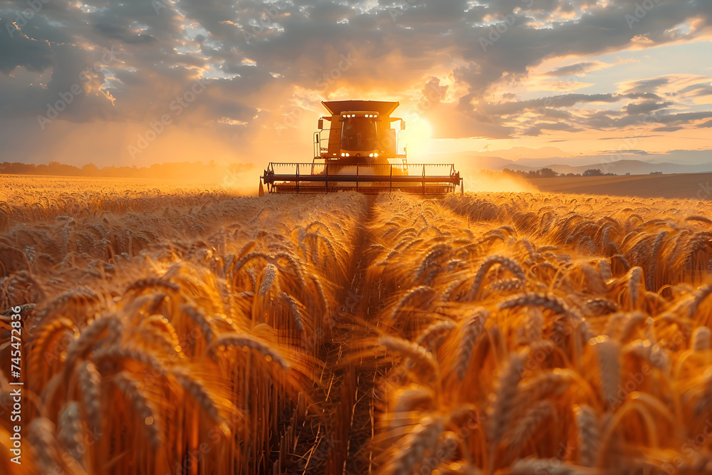 Golden Hour Harvester Action Shot in Wheat Field - obrazy, fototapety, plakaty 