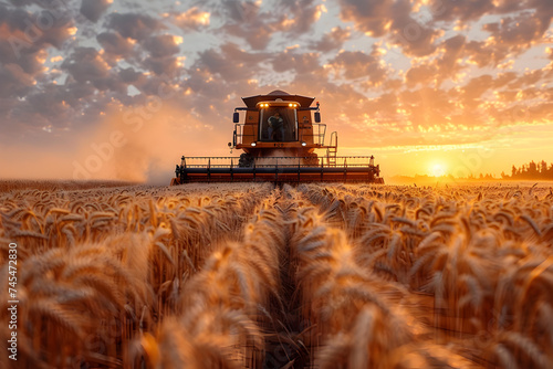 Combine Harvester in Wheat Field at Summer Sunset