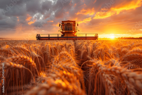 Grain Harvester at Work in a Wheat Field at Sunset