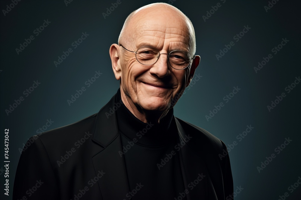 Portrait of a smiling senior man in a black suit and glasses. Portrait of a smiling senior man in a black suit and glasses.
