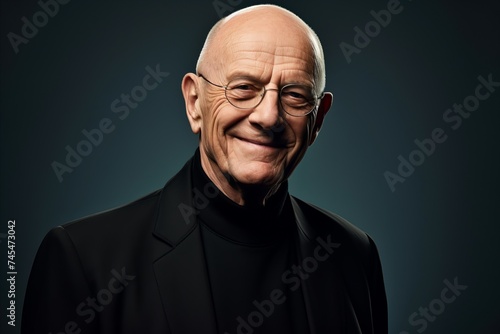 Portrait of a smiling senior man in a black suit and glasses.