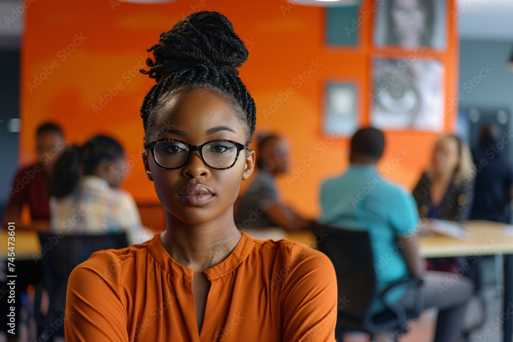 Portrait of a young African-American businesswoman. Afro woman standing in her office.