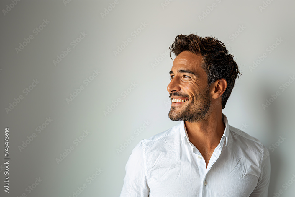 Smiling American man with a close and natural expression, showing a handsome and amusing demeanor. Smiling American man with a close and natural expression, showing a handsome and amusing demeanor.