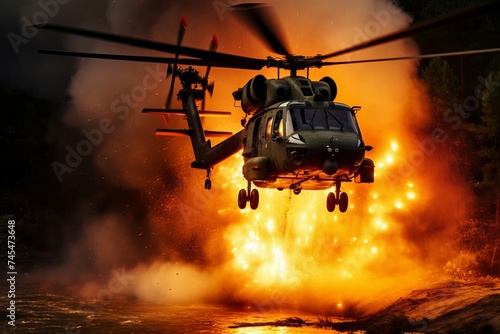 Fiery Military helicopter fire splash. Game aviation. Generate Ai