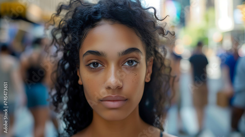 Jovem mulher segurando um cartaz pare o racismo em protesto pacífico multidão diversa e placas coloridas ao fundo © Alexandre