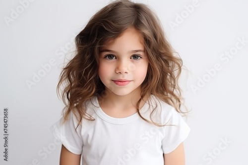 Portrait of a cute little girl with long curly hair over white background