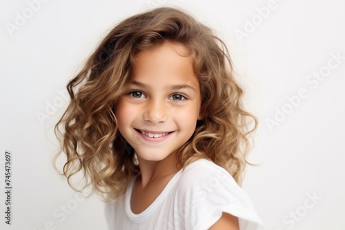 Portrait of a cute little girl with long curly hair over white background