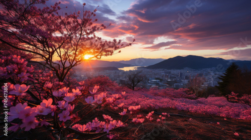 The sun dips behind the towering mountains, casting a warm golden glow over the colorful, blooming flowers in the foreground