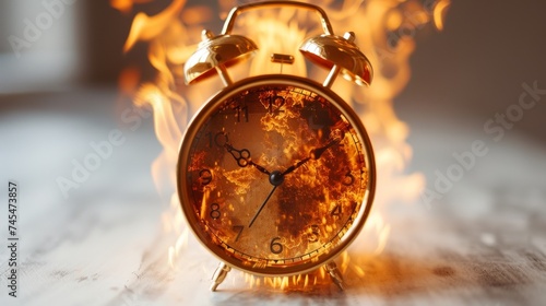 An old clock on fire with a simple background.  photo
