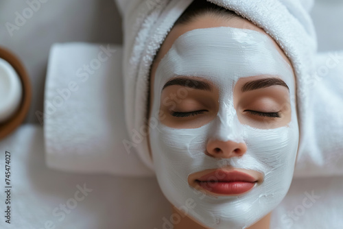 Woman relaxing with facial mask treatment in spa setting, top view