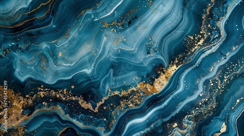 Abstract ocean- ART. Natural Luxury. Style incorporates the swirls of marble or the ripples of agate. Very beautiful blue paint with the addition of gold powder - generative ai